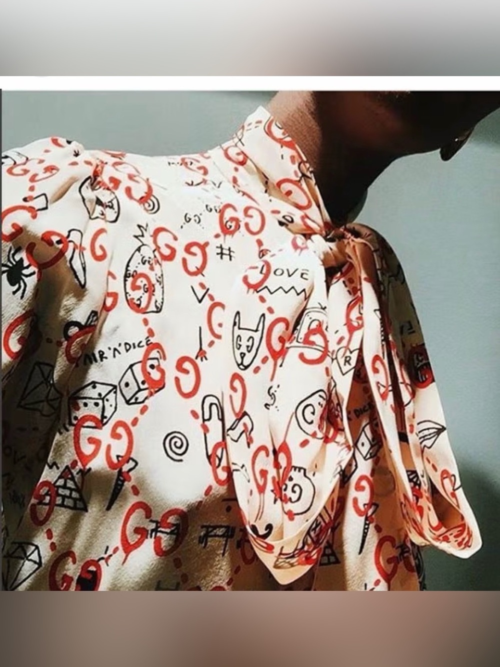 Gucci Ghost GG Silk Bow Neck Blouse with Red Graphic Print XS
